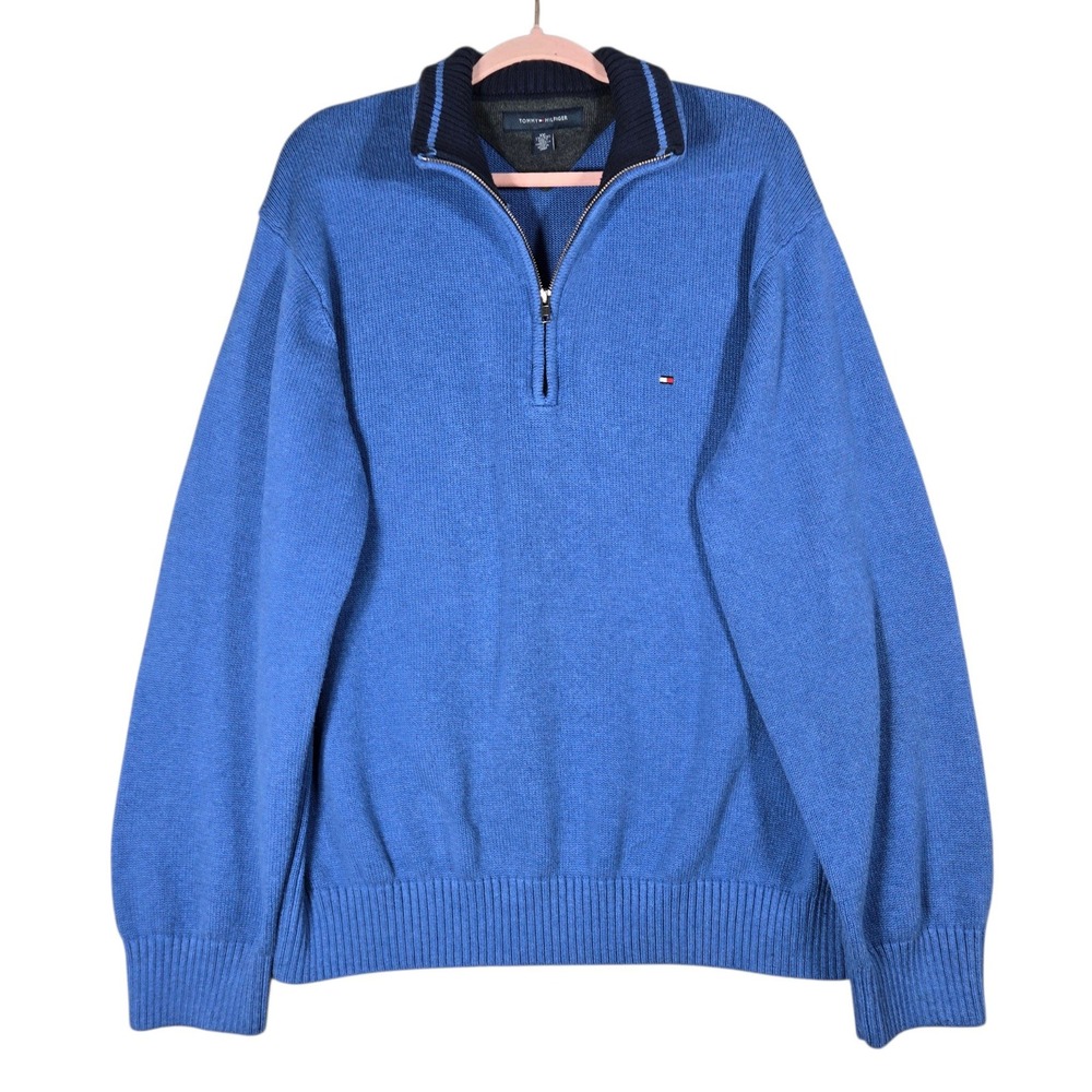 Tommy Hilfiger Quarter Zip Sweater Mens XXL Blue Cotton Ribbed Knit Pullover